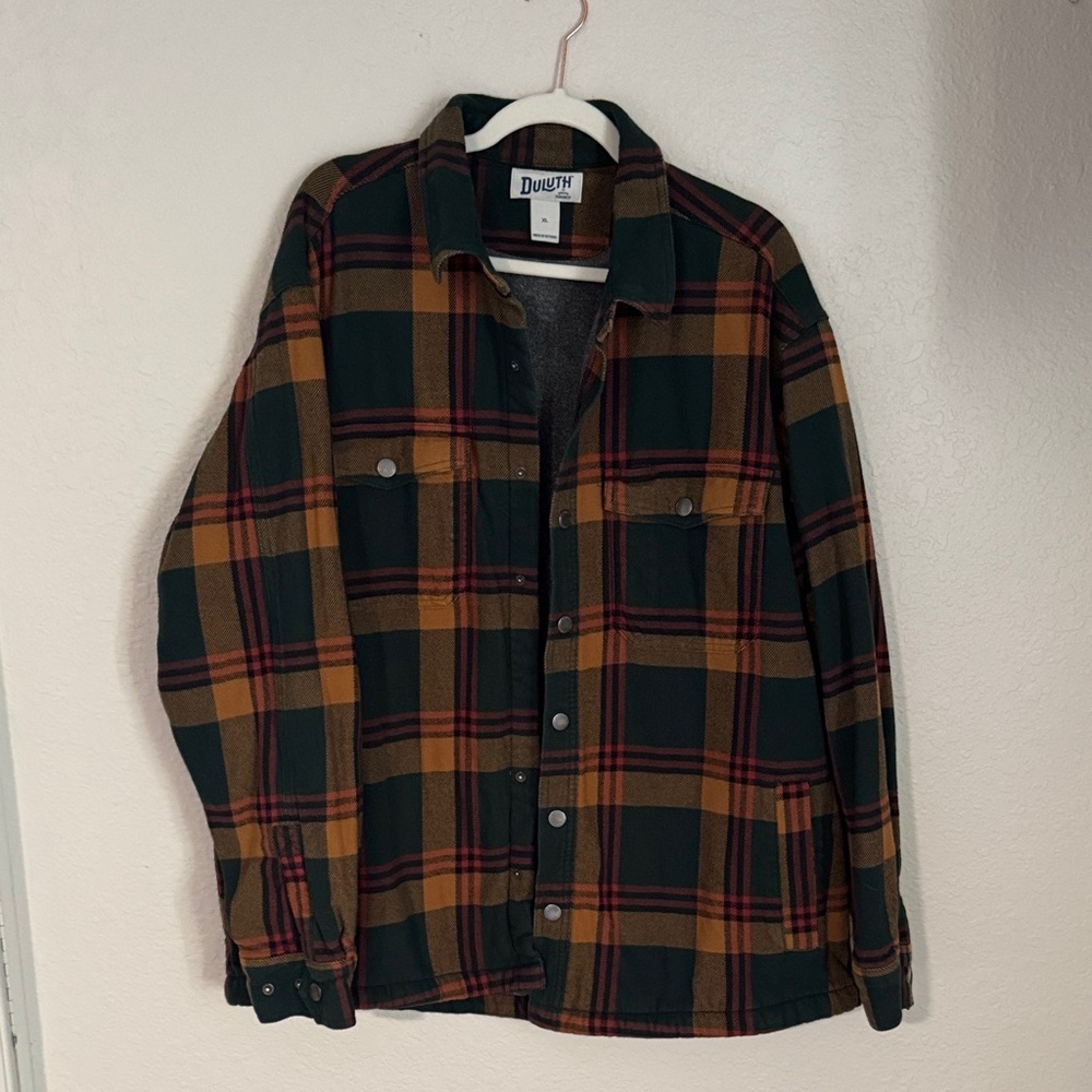 Duluth Trading Co Men's Plaid Shirt Jacket - Black, Brown, and Orange